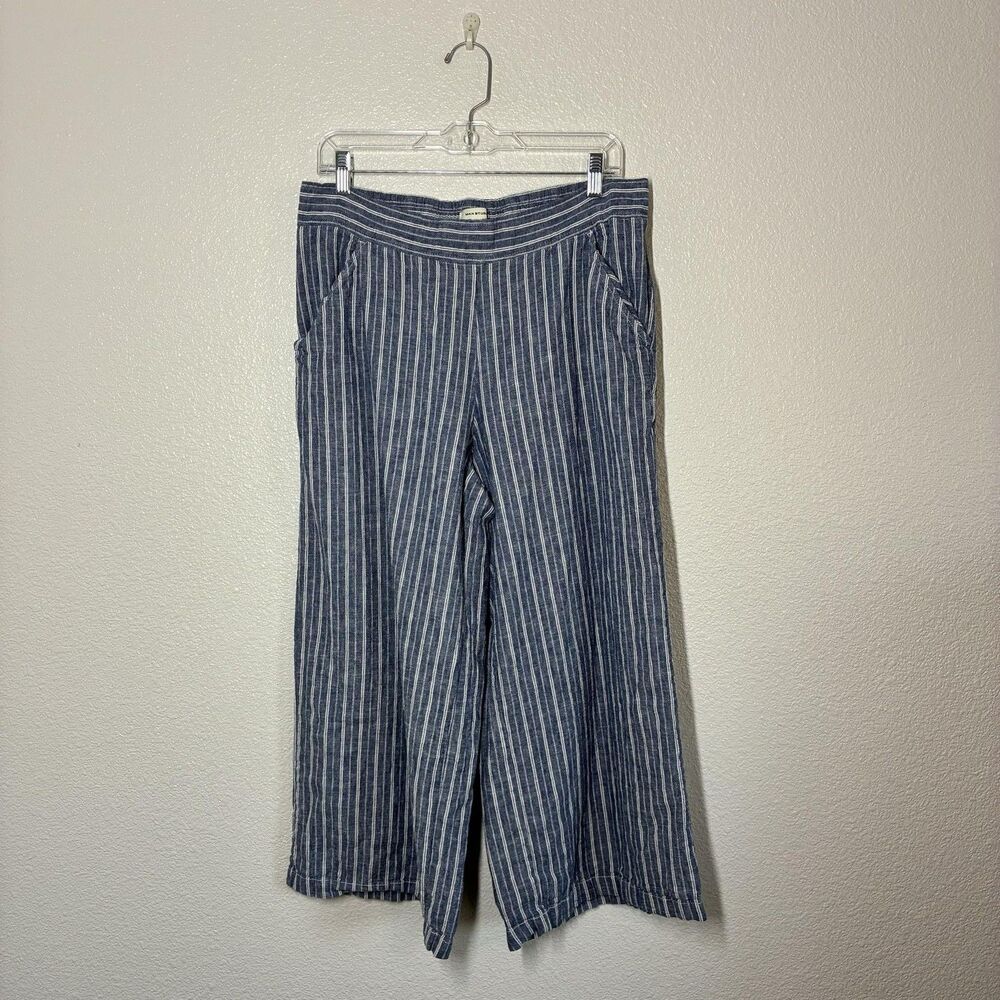 Max Studio Pants Womens XL Blue Striped Chambray Wide Leg Cropped Elastic Waist